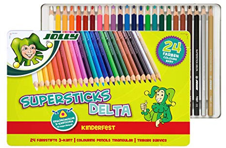 JOLLY Superstick Buntstifte DELTA | Dreikant Farbstifte | Kinderfest und Bruchsicher | Ungiftig | 24 Stück, 3003-0014 & Superstar DUO Fasermaler | Eine dicke und eine dünne Spitze | 12 Stück