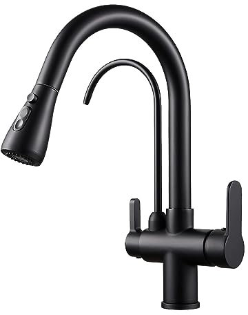 KEOKBON 3 Wege Küche Wasserhahn, Messing Küchen Spültischarmatur, Trinkwasserhahn Mischbatterie für Wasserfilter Küchenarmatur, 360°Drehbar Küchearmatur mit Ausziehbarer Brause, Schwarz Armatur