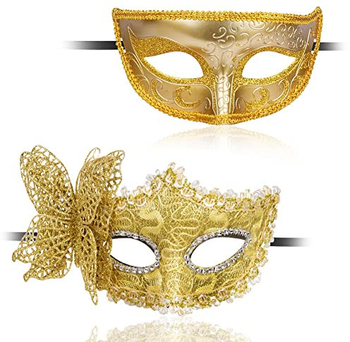 Aomig Venezianische Maske, 2 Stück Maskerade Augenmaske für Damen Herren, Sexy Katzenmaske Masken für Fasching Maskenball Karneval Abendkleid Party (Gelb)