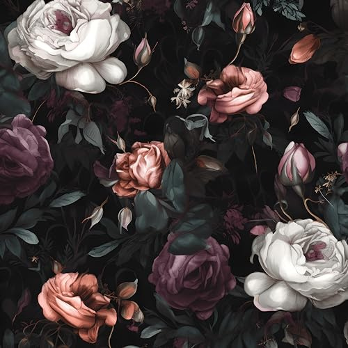 Laatse Dark Floral Peel and Stick Wallpaper, Vintage Floral Contact Paper, Waterproof Self Adhesive Boho Decor Black Rose Wall Paper for Bedroom Walls Bookcase Drawers 17.5in x 32.8ft