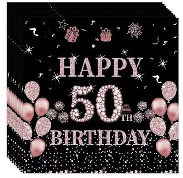 VReder Servietten 50 Geburtstag, Schwarz Roségold Papier Party Servietten, Happy Birthday 50. Servietten für Mädchen Frau Frauen Geburtstag Feiern Party Decorations 40 Stück