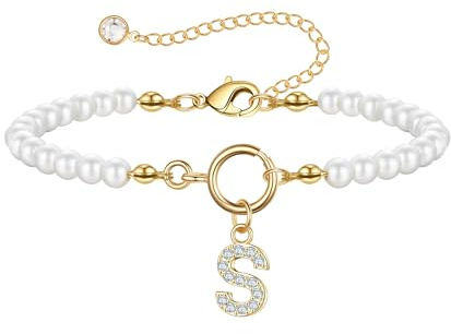 TINGN Armbänder Mit Buchstaben Damen - Perlenarmband 18K Gold Gefüllte Buchstaben S Armband Initiale Charm Schmuck Hochzeitsgeschenk Brautjungfern Geschenke für Frauen Mädchen