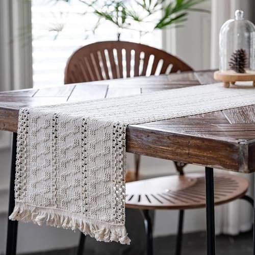 Beige Makramee Tischläufer, 30 x 120cm Makramee Tischläufe, Boho Deko, Boho Deko Tischläufer mit Quasten, für Hochzeit und Esstisch Dekorativer Tischläufer, Beige