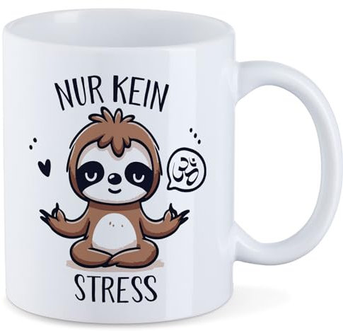 Huuraa Tasse Nur keinen Stress Yoga Faultier Geschenk 330ml Weiß Nur keinen Stress Präsent