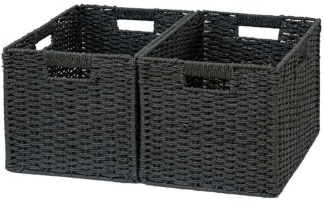 Regalkörbe Aufbewahrungskörbe, Natural Ingredients Foldable Paper Rope Baskets for Organizing, Sturdy Baskets with Handles, Closet and Shelf Organizers, Foldable baskets for Clothes (schwarz, L)