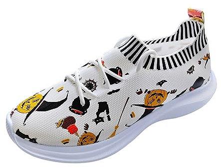 Halloween Bedruckte atmungsaktive gestrickte Mesh Dicke Sohle Casual Sportschuhe Grüne Schuhe Damen Sneaker (White, 40)