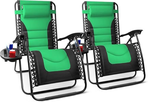 KEPLIN Set of 2 XXL Heavy Duty Textoline Zero Gravity Chairs for Garden Light Reclining Patio Sun loungers Easy to Clean Adjustable Head Rest Foldable with Cup & Phone Holder (Green, 2 pack)