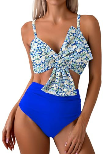 LUNNTE Bikini Sets für Damen High Waist Hoher Taille Bademode Bauchkontrolle Zweiteiliger Badeanzug Blumenmuster (Blaue Blume, XL)