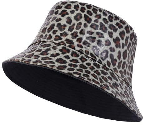 JJDreams Leopardenmuster Fischerhut,Sonnenhut für Damen und Herren,Reversibel Fischerhüte PU Anglerhut,Modischer Fischerhut,Grau