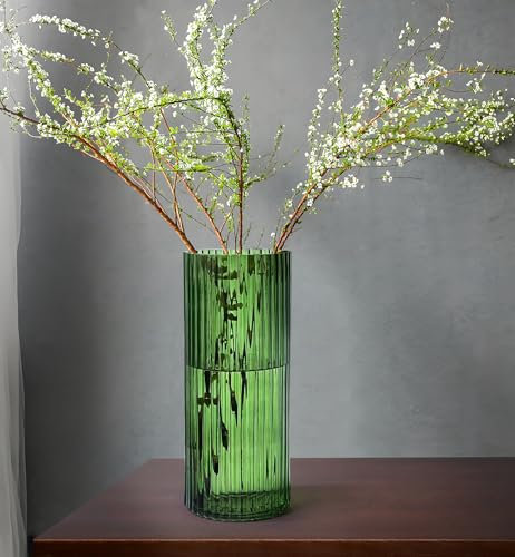 GeLive 30,5 cm große, grüne Glasvase, transparent, zylinderförmig, geriffelt, Tischdekoration, Mittelstück für lange Zweige, künstliche Frischpflanzen, Heimdekoration, Innendekoration