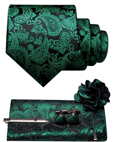JEMYGINS Herren Paisley Krawatte mit Einstecktuch Krawattenklammer Blumenbrosche und Manschettenknöpfen Set grün-schwarzer Hintergrund