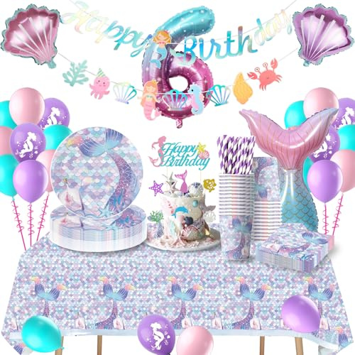 Meerjungfrau Geburtstag Deko 6 Jahre, Meerjungfrau Partygeschirr Set, Geburtstag Party Geschirr mit Luftballons für Meerjungfrau Deko 16 Gäste