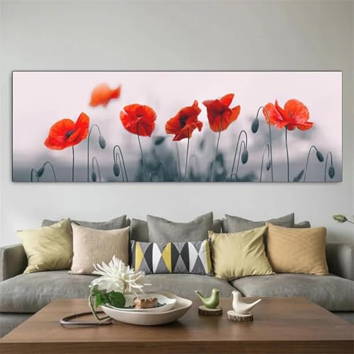 lianyibo Landschaft Schwarz-Weiß-Roter Mohn Leinwandmalerei Naturplakate und -drucke Wandkunstbilder Wohnzimmer Wohnkultur Kein Rahmen 40x120cm Rahmen
