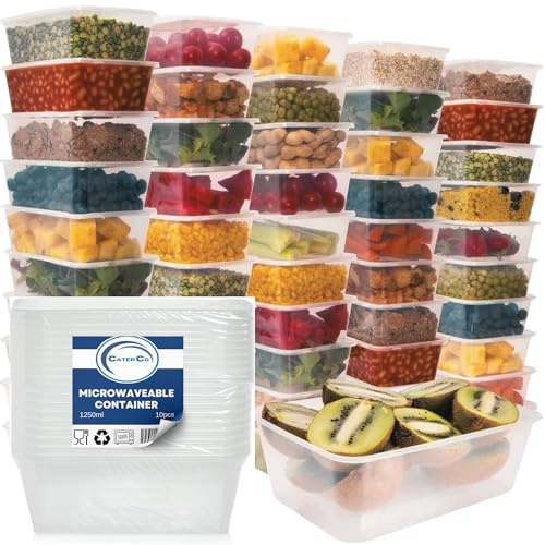 CaterCo 1250ml Plastic Food Containers with Lids - Set Of 10 - BPA Free, Reusable & Disposable Meal Prep Containers - Microwave & Freezer Safe, Cooking, Takeaway, Storage (1250ml - Set Of 10)