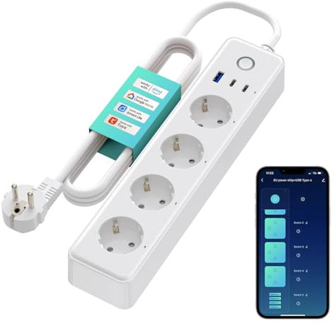 Smart WiFi Steckdosenleiste, Mehrfachsteckdosen mit Überspannungsschutz, 4 AC-Ausgänge, 1 USB und 2 TypeC Anschlüsse, Unterstützen Alexa, Google Home Sprachsteuerung und Smart Life App-Fernbedienung