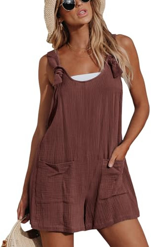 CUPSHE Damen Jumpsuit U-Ausschnitt Ärmellos Strampler Weites Bein Taschen Vorne Kurz Overall Sommer Strand Lose Hosenanzug Rotbraun S