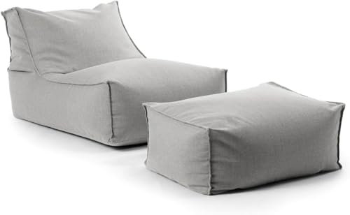 mokebo® Outdoor Sitzsack und Pouf für Kinder & Erwachsene 'Der Sundowner', Bean Bag mit Füllung oder Bodenkissen für Indoor & Outdoor, auch als Liegekissen, Relaxliege mit Hocker in Lichtgrau