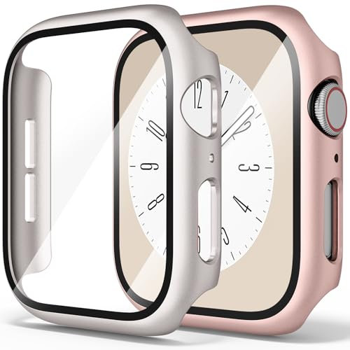 2 Pack Hard Case with Tempered Glass Screen Protector for Apple Watch Series 9 Series 8 Series 7 41mm, Ultra-Thin Overall PC iWatch Protective Cover(Rose Gold/Starlight,41mm for Series 9/8/7)