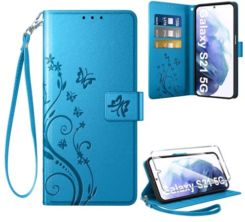 Coiwxmoi Coque pour Samsung Galaxy S21 5G + 1 Verre Trempé, Retro Design Housse Premium en Cuir PU Pochette de Portefeuille pour Porte Cartes Fonction Stand Flip Etui pour Samsung S21, Bleu