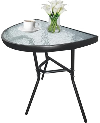 Gartentisch Balkontisch Beistelltisch Outdoor Balkonmöbel kleiner Balkon Bistrotisch kleiner Balkontisch Halbrund Platte aus gehärtetem Glas, pulverbeschichteter Metallrahmen | 70x40x68.5 cm | Schwarz