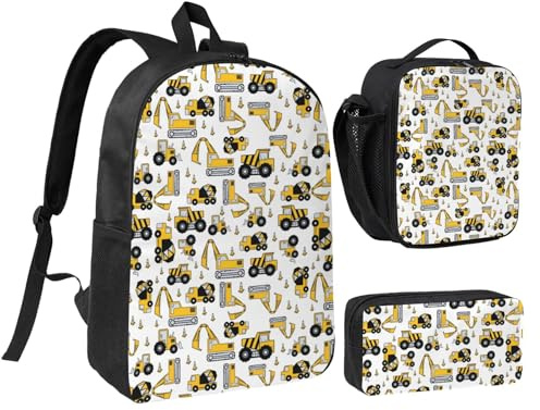 peiyeety Gabelstapler, Bagger, Transport-LKW, Zement-LKW, 43,2 cm, Rucksack-Set, Lunchtasche, leichter Tagesrucksack für Männer und Frauen, 3-teilig