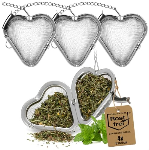 Robin Goods® 4x Edelstahl-Teesieb - Herz Tee-Ei mit Kette Ø 5,5 cm | Feinmaschiger Filter für losen Tee, Kräuter und Gewürze - Pflegeleicht und wiederverwendbar