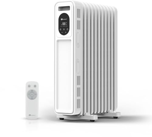 PureMate 2300W Oil Filled Radiator with Remote Control, 11 Fins, Digital Thermostat, Adjustable Heat Settings, Energy Efficient Electric Heater, 24H Timer, Overheat & Tip-Over Safety and Castor Wheels