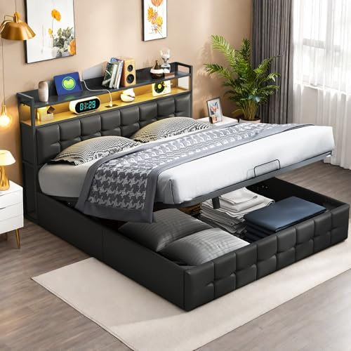 JOROBURO Polsterbett 140x200cm mit Stauraum, Doppelbett mit Led und USB, Boxspringbett mit Staufach, Hydraulisch Stauraumbett mit Bettkasten, Funktionsbetten Jugendbett mit Lattenrost, PU, Schwarz