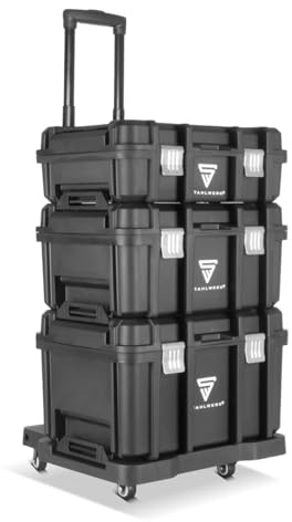 STAHLWERK Werkzeugtrolley mit 3 Boxen, Teleskopgriff & Metallverschlüssen | mobiler Werkzeugkoffer-Trolley mit großem Stauraum, flexibles Aufbewahrungssystem für Werkstatt, Garage und Montage