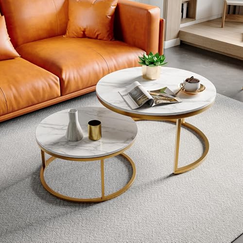 Holtrae 2 Stücke Beistelltisch Set Rund Couchtisch Marmor Optik Couchtisch Rund Wohnzimmertisch Modern Couchtisch aus Holz mit Metallrahmen Für Wohnzimmer Balkon Büro Ø80 * H45+ Ø60 * H33 (Gold)