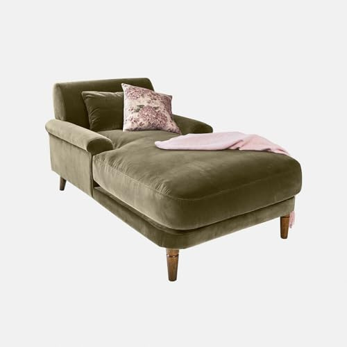 Loberon Chaiselounge Jouvrelle - Samtige Oberfläche - EIN Zierkissen Inklusive - Mittelfeste Polsterung - Sitzmöbel - Sofa - Kiefernholz - Baumwolle, grün