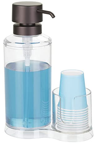 mDesign Distributeur à Pompe Transparent pour Bain de Bouche – Idéal pour l'hygiène bucco-Dentaire – Porte-gobelet intégré pour gobelets en Carton et Plastique – Capacité de Remplissage maximale 581