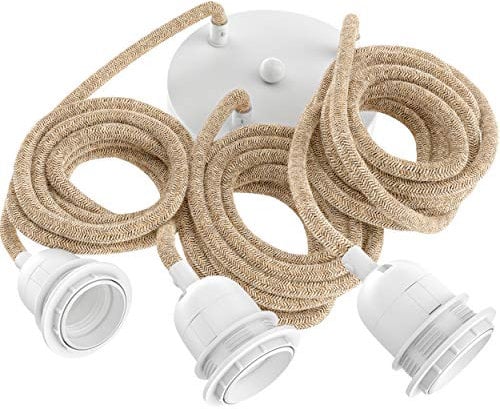 Hoopzi - Pendelleuchte 3 Flamming - 2,5m Textilkabel Seil und Weiß - 3 X E27 Fassung - Vintage, Industrial Für Esstisch, Wohnzimmer, Esszimmer, Zimmer, Schlafzimmer, Küche