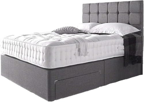 Divan Beds Deals - Durable Grey Linen Divan Bed | Bed Frame with Spring Memory Foam Mattress | Room Decore 20” Cube Headboard & 2 Spacious Storage Drawers (3FT Single)