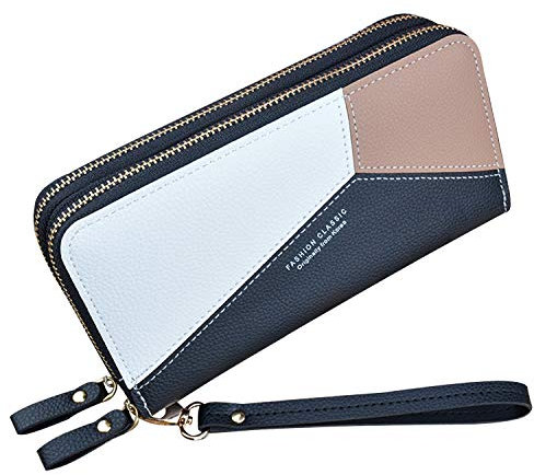 Damen Geldbörse mit Doppeltem Reißverschluss Geldbörse PU Leder Telefon Geldbörse für Frauen Große Kapazität Lange Clutch Geldbörse mit Mehreren Kartensteckplätzen Armband Geldbörse