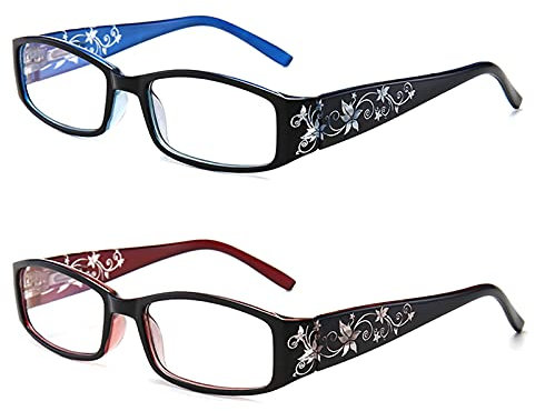 KoKoBin 2 stueck Damen Ultraleichte Lesebrille elegantes Anti-Blau-Licht mit Blumenspiegelfüßen kleine Lesebrille +2.0