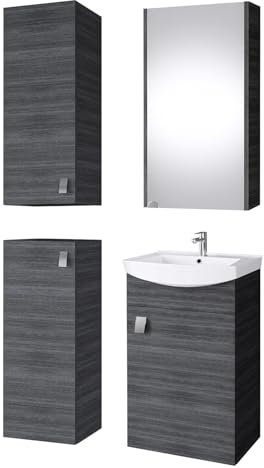 Planetmöbel Badmöbel Set Waschtisch mit Unterschrank 45 x 60 x 33 cm mit Spiegelschrank 40 cm, 2X Midischränke für Badezimmer, Gäste WC & Bad, Anthrazit