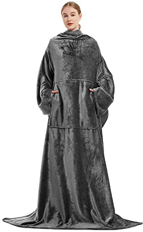 Maxesla Wearable Blanket With Sleeves - Soft Cosy Fleece Snuggle Throw With Arms, Fluffy Plush Winter TV Cover for Sofa Couch - 140 * 180, Gray