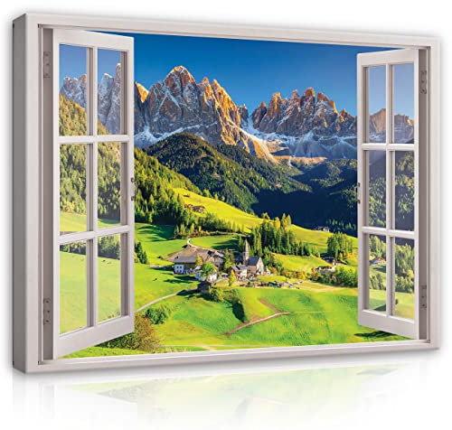 WallArena - Leinwand Bilder - Fensterbilck Fenster Natur Berge Alpen - 80x60 cm Leinwandbilder - Bild auf leinwand - Wandbild XXL groß Wandbilder für Wohnzimmer Schlafzimmer Wohnzimmerbilder Modern