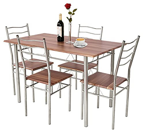 COSTWAY 5-teiliges Esstisch-Set, Küchentisch mit 4 Stühlen, Essgruppe mit hoher Rückenlehne, Sitzgruppe für Esszimmer, Küche, platzspar