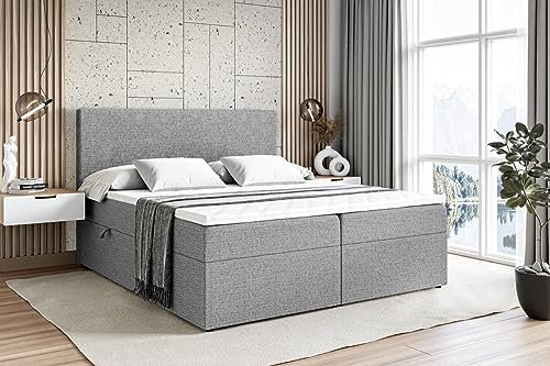 ALTDECOR Boxspringbett mit H3-Matratze (20 cm hoch) mit Bonellfederung + PUR, Topper (4 cm hoch), Polsterbett mit Kopfteil und Bettkasten - LUKI - 180x200 - Grau Inari 91