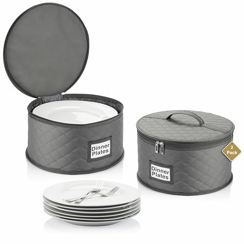 STOZU 2 Pack China Storage Containers for Dinner Plates - 12 W x 7 H - Includes 24 Felt Dividers - Stackable Case with Padded Interior and Handle
