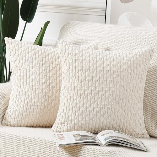 Madizz 2er Set Boho Gestreifte Kissenbezüge Weicher Kord Dekorativer Kissenbezug für Schlafzimmer Sofa Kissenhülle Creme Weiß 60 x 60 cm