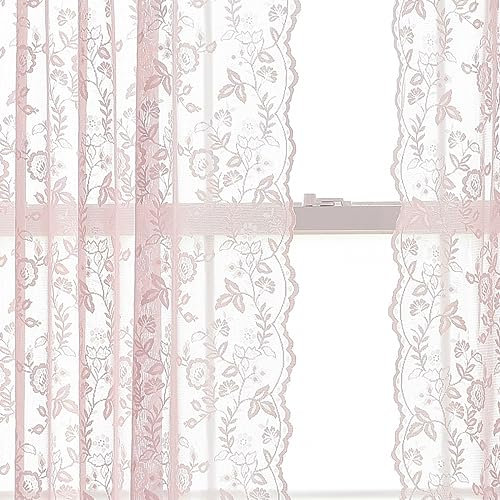 FINECITY Durchsichtige Spitzen-Vorhänge, 183 cm Länge – Landzweig mit Blumenstickerei, durchsichtige Vorhänge, 2 Paneele für Mädchenzimmer, Privatsphäre, durchscheinend, Vintage, gewellte Spitze, 132