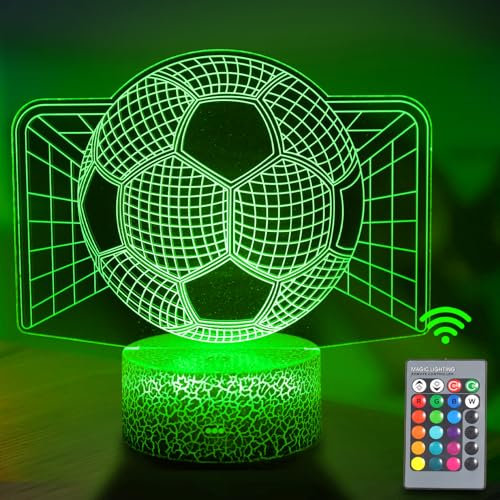 JOLLYEEP Fußball Nachtlicht für Kinder, 3D Illusion Lampe Kinderzimmer LED Licht, Fernbedienung 16 Farbwechsel Dimmbar, Geburtstag Weihnachtsgeschenke für Mädchen Junge Wohnzimmer Schlafzimmer Dekor