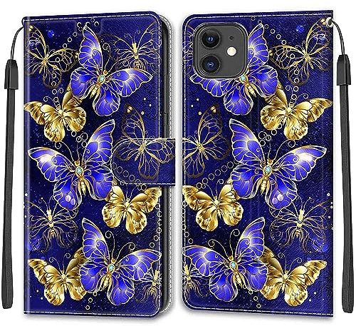 TOMYOU PU Leather Wallet Case for iPhone 11, Butterfly | Pouch Design, Book Flip Folio, Magnet Closure, Kickstand, Card Slots, Wrist Strap Lanyard, Pattern Style