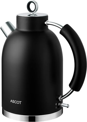 ASCOT Electric Kettle, Stainless Steel Electric Tea Kettle for Men/Women/Family 1.5L 2200W Retro Tea Heater & Hot Water Boiler, Auto Shut-Off Boil-Dry Protection (Black)