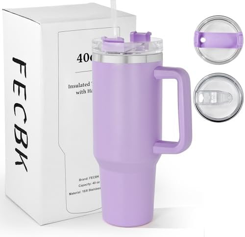 FECBK 40oz Tumbler with Straw and Lid 1.2L, 100% Leak-Proof Travel Mug with Handle, Stainless Steel Vacuum Insulated Water Bottle Keeps Cold for 34H / Hot 12H, Dishwasher Safe, Lavender
