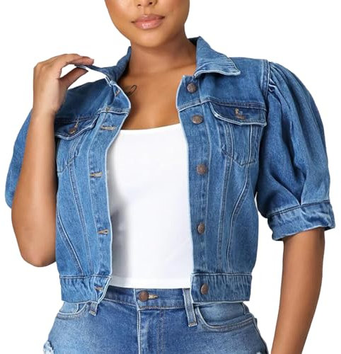 GUOCU Denim Jacket for Women Short Sleeve Puff Sleeve Denim Coat Ladies Summer Casual Crop Jacket Tops Women Classic Button Down Jean Jacket XL
