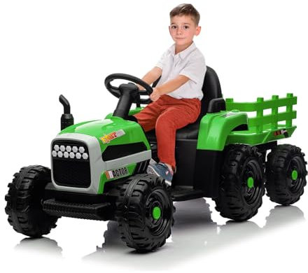 Kinder Elektroauto,12 V Kinder Elektrotraktor,Arbeiter-Elektrotraktor mit Anhänger, Kinderlast 50 kg, Trettraktor mit Fernbedienung, Musik, LED-Lichtern und Hupe (Grün)